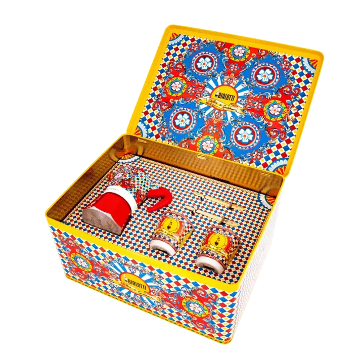 Imagen del producto Bialetti - Set Moka Express Carretto Siciliano 2 vasitos de porcelana y 2 paletitas doradas